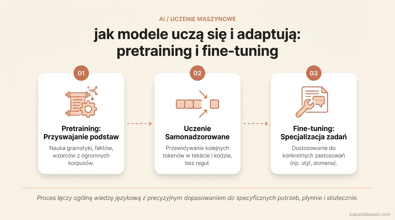Infografika: Etapy uczenia modeli AI – od ogólnego zrozumienia języka do precyzyjnych zadań.