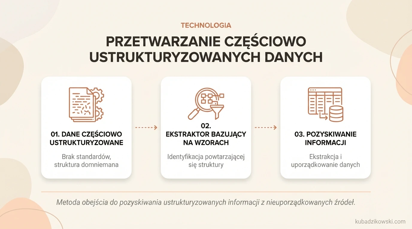 Infografika wyjaśnia, czym są częściowo ustrukturyzowane dane i jak z ich domyślnej struktury pozyskiwać dane ustrukturyzowane.