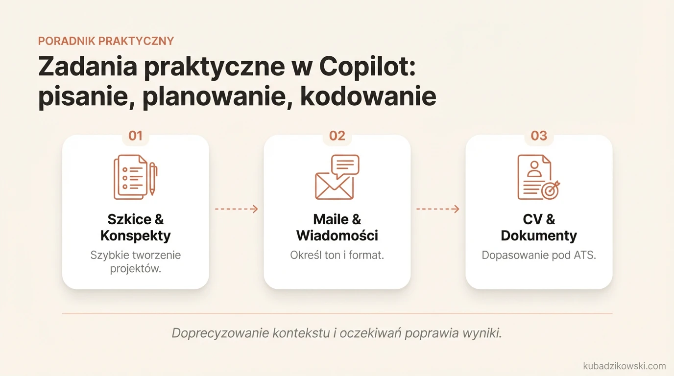 Infografika: 3 kluczowe zastosowania Copilota (pisanie, planowanie, kodowanie) - wskazówki dla efektywnego użytkowania.