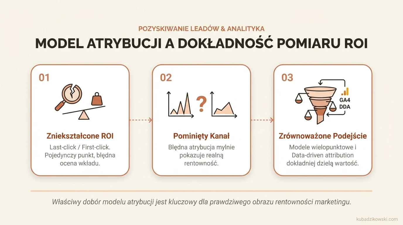Infografika: Zależność między modelem atrybucji a dokładnością pomiaru ROI, z przykładami przypisywania przychodów kanałom.