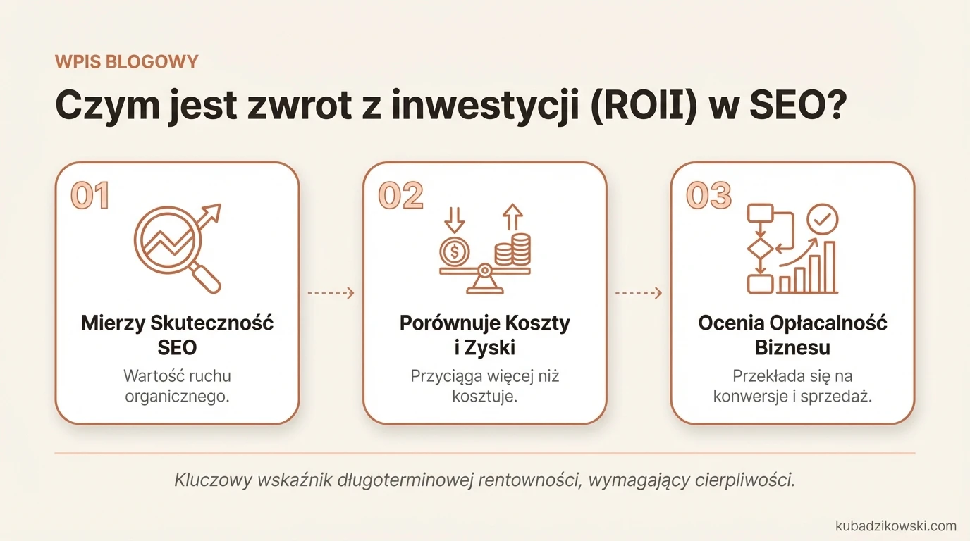Infografika: Co to jest ROI w SEO. Wskaźniki kosztów i korzyści pozycjonowania witryny.