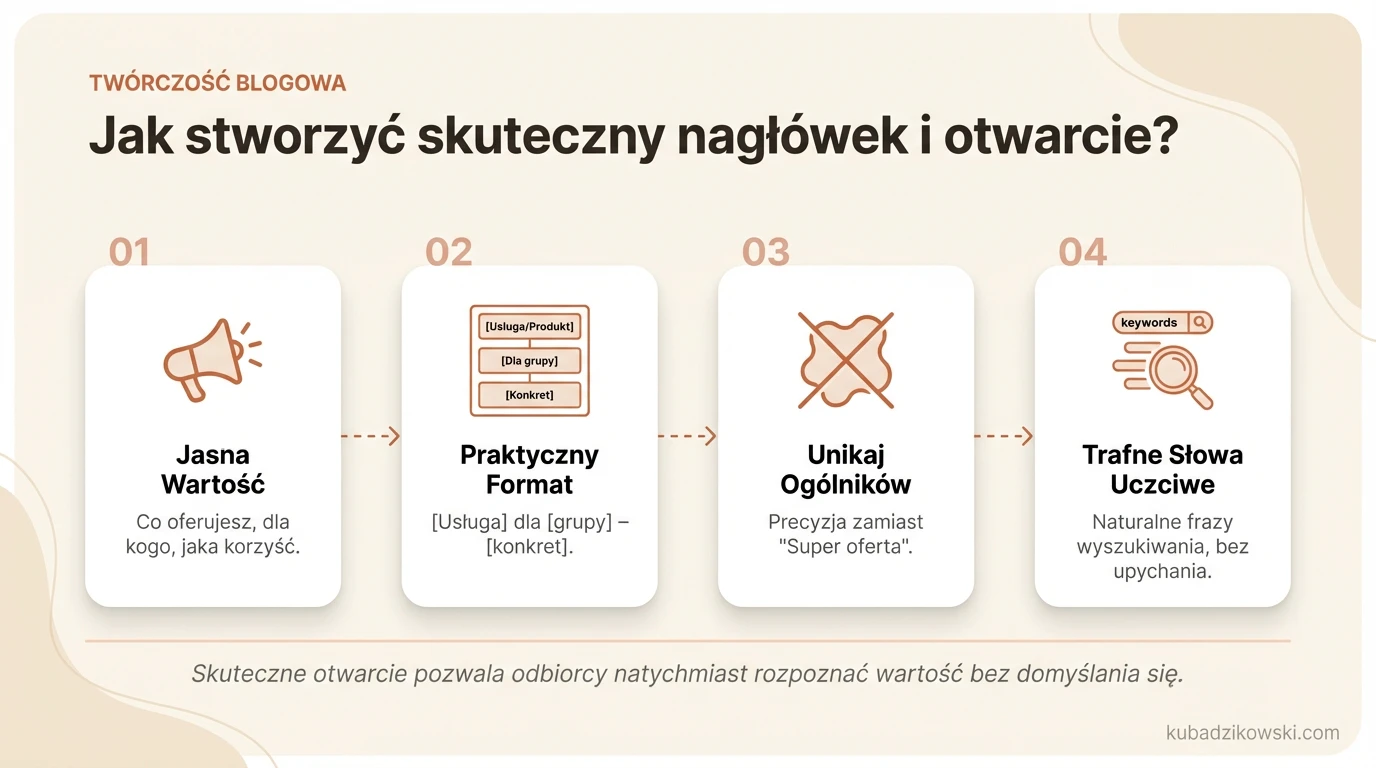 Infografika: 3 elementy skutecznego nagłówka (co, dla kogo, korzyść) z przykładami.