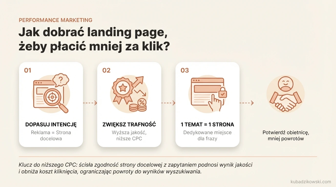 Infografika: Jak dopasować landing page do intencji zapytania, by obniżyć CPC.