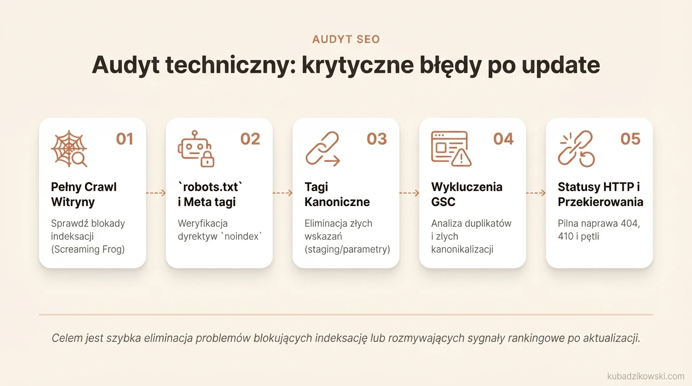 Infografika: audyt techniczny po aktualizacji algorytmu – błędy blokujące indeksację i rozmywające sygnały rankingowe.