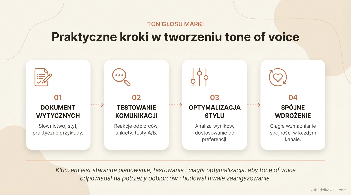 Wizualizacja praktycznych kroków tworzenia tone of voice, z dokumentem wytycznych i słownictwem.