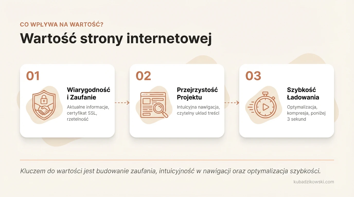 Infografika: Czynniki wpływające na wartość strony internetowej, z kluczowym elementem: wiarygodnością.