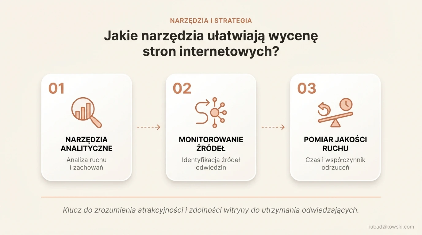 Infografika: narzędzia do wyceny stron internetowych: Google Analytics, SEMrush i pomiar ruchu, atrakcyjności.