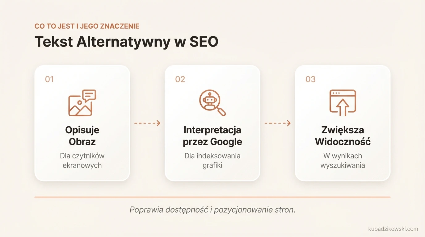 Infografika: Co to jest tekst alternatywny? Wyjaśnia jego znaczenie dla SEO i ułatwia korzystanie z sieci.
