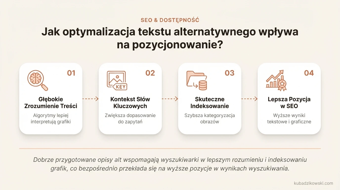Infografika przedstawia jak optymalizacja tekstu alternatywnego poprawia pozycjonowanie grafik i widoczność strony w wyszukiwarkach.