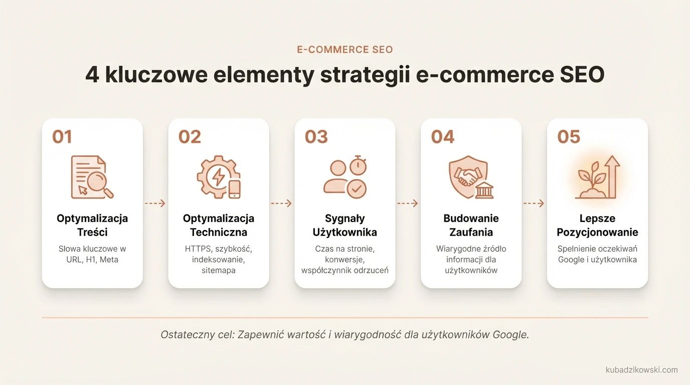 Infografika: optymalizacja SEO dla e-commerce, w tym treści (URL, meta) i techniczna (HTTPS, mobile).