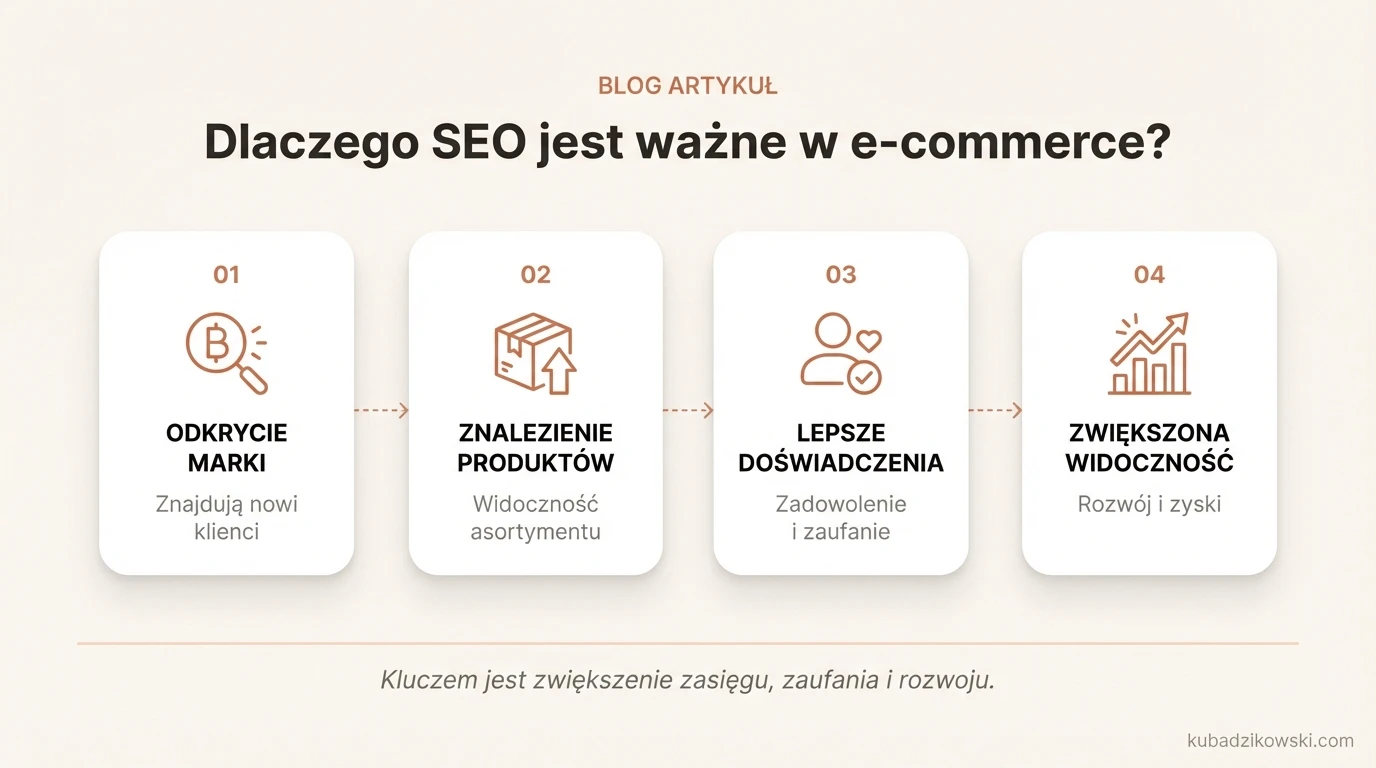 Infografika wyjaśniająca, dlaczego SEO jest ważne dla e-commerce, pomagając odkryć markę i zwiększyć widoczność online.