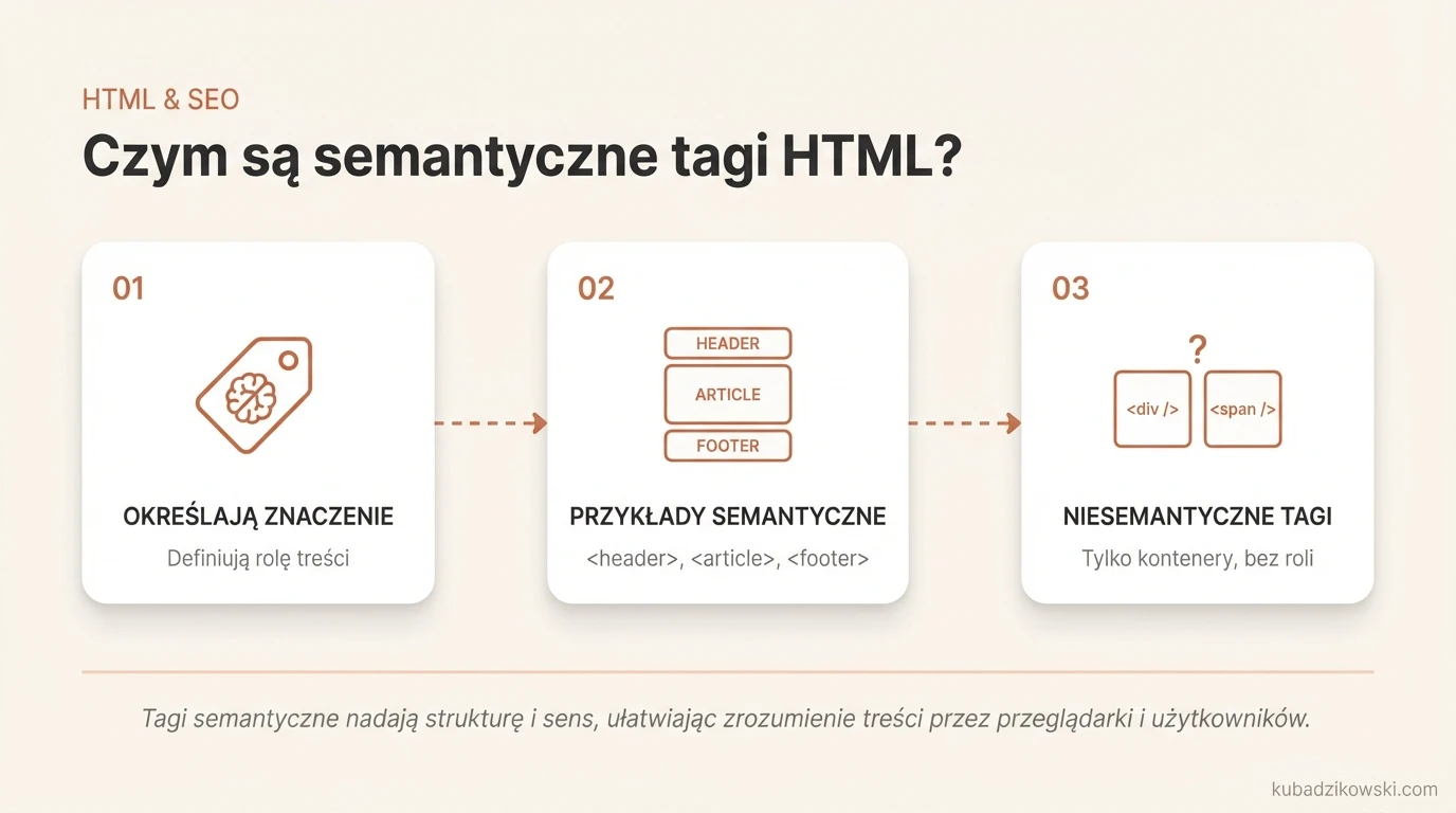 Wizualizacja definicji semantycznych tagów HTML i przykłady: <header>, <article>, <footer>.