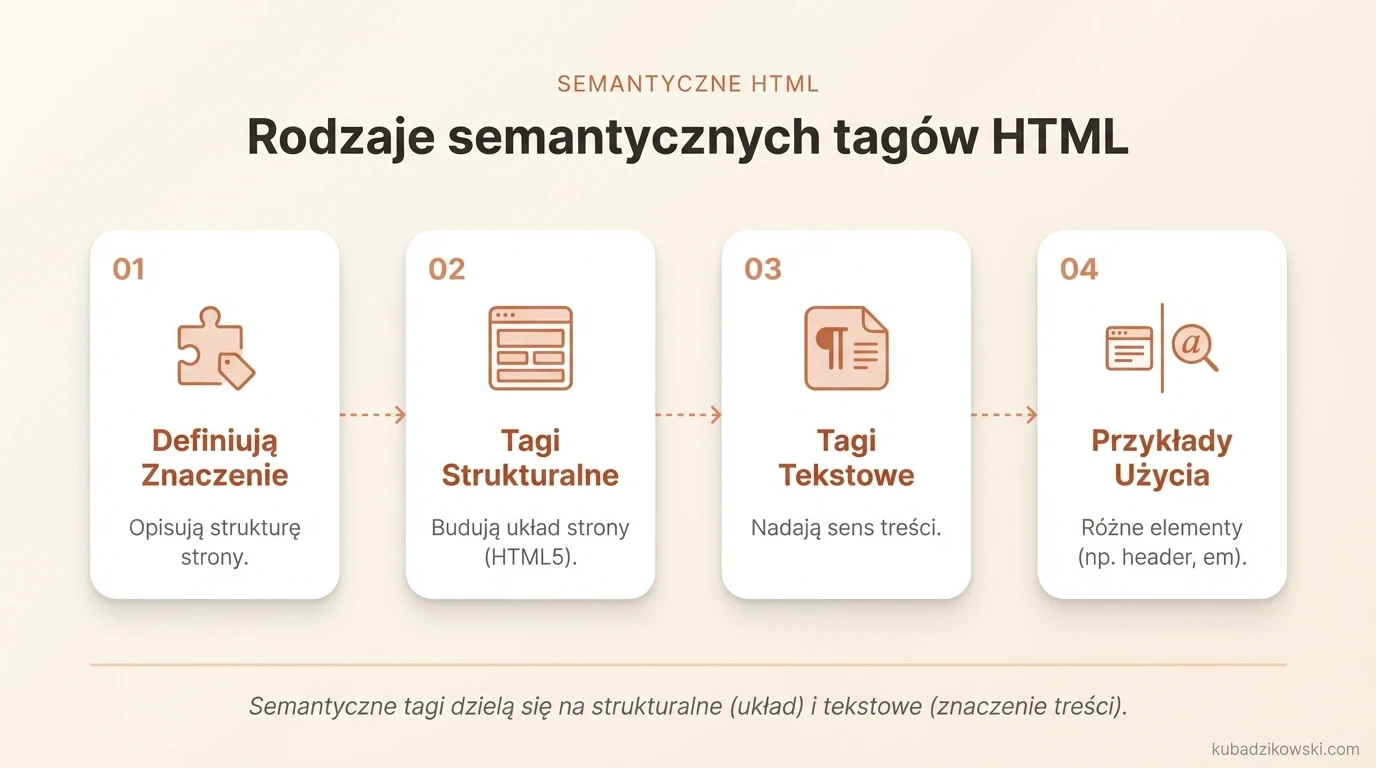 Infografika: semantyczne tagi HTML. Wyjaśnia ich podział na kategorie, w tym strukturalne, definiujące układ strony.