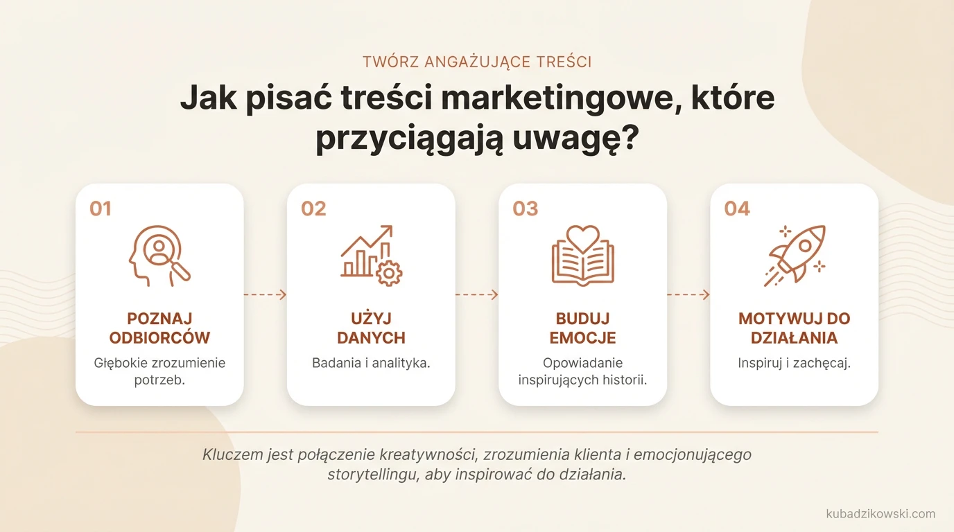 Infografika: 5 zasad pisania skutecznych treści marketingowych, które angażują emocje odbiorców i inspirują do działania.