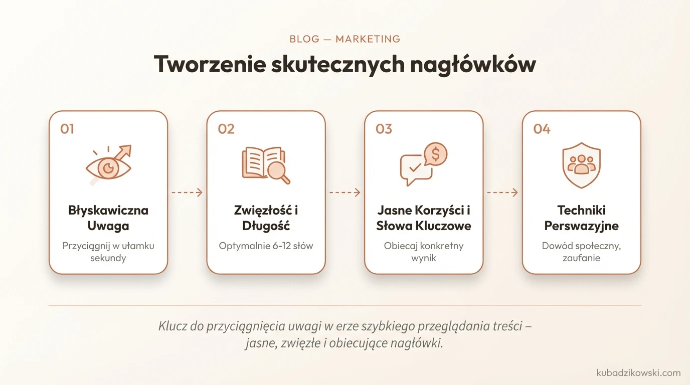 Infografika: wskazówki tworzenia atrakcyjnych i angażujących nagłówków do blogów i reklam.
