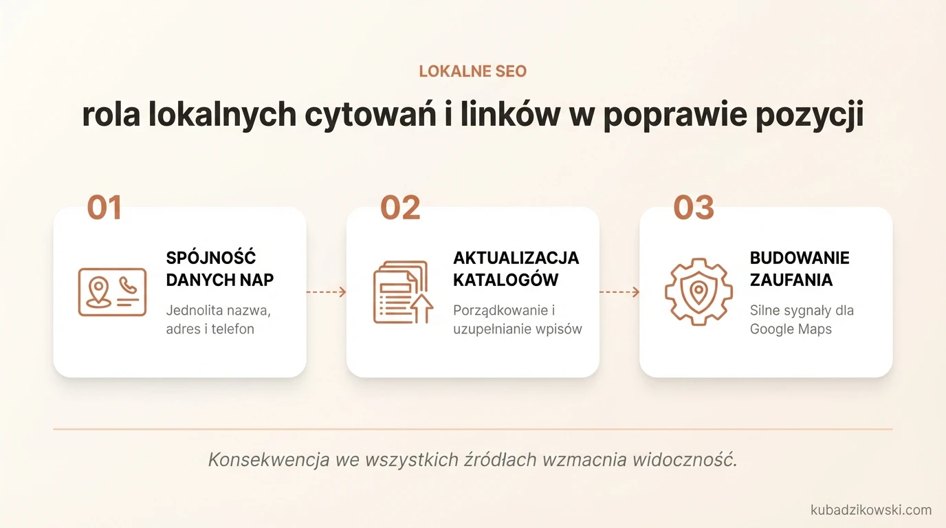 Infografika: Jak spójne lokalne cytowania NAP i linki wzmacniają widoczność firmy w Mapach Google i budują zaufanie algorytmu.