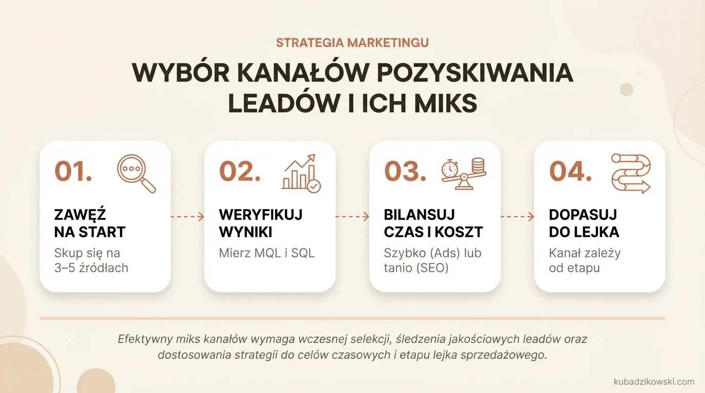 Infografika: Jak wybrać 3-5 kanałów pozyskiwania leadów, aby szybko znaleźć te generujące MQL/SQL.