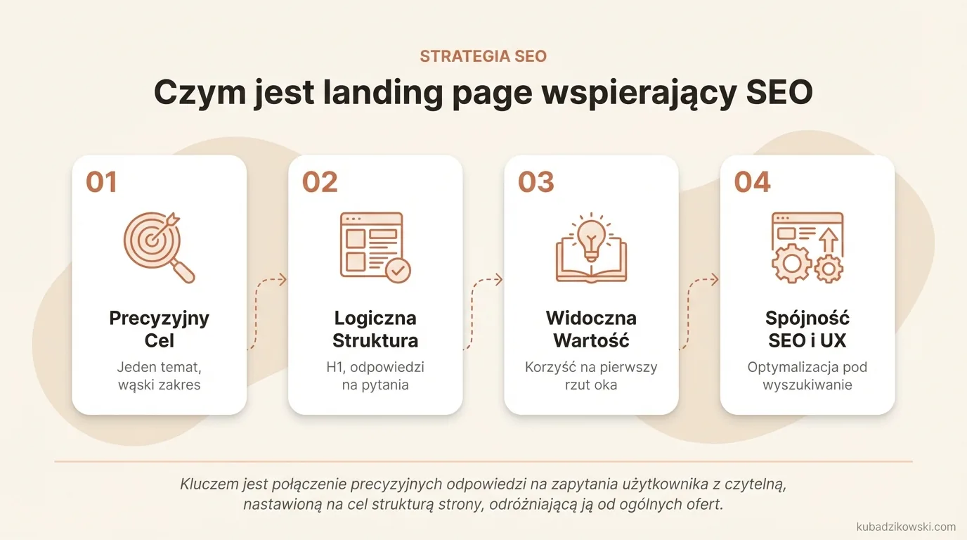 Infografika o landing page'u SEO. Strona docelowa pod jeden temat, z jasnym celem i treścią dla użytkownika w Google.