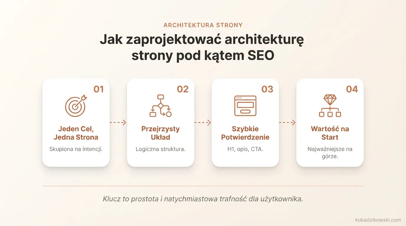 Wizualizacja skutecznej architektury strony pod SEO: jedna podstrona na jedną intencję, jasna ścieżka użytkownika, uporządkowane sekcje.