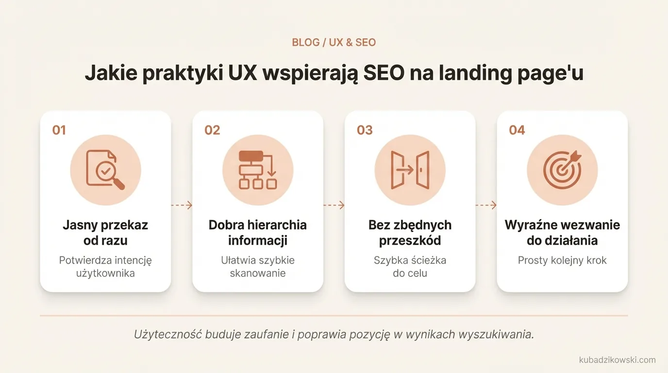 Infografika: Wpływ praktyk UX na pozycjonowanie landing page'a, poprzez zadowolenie użytkownika i łatwe znajdowanie informacji.