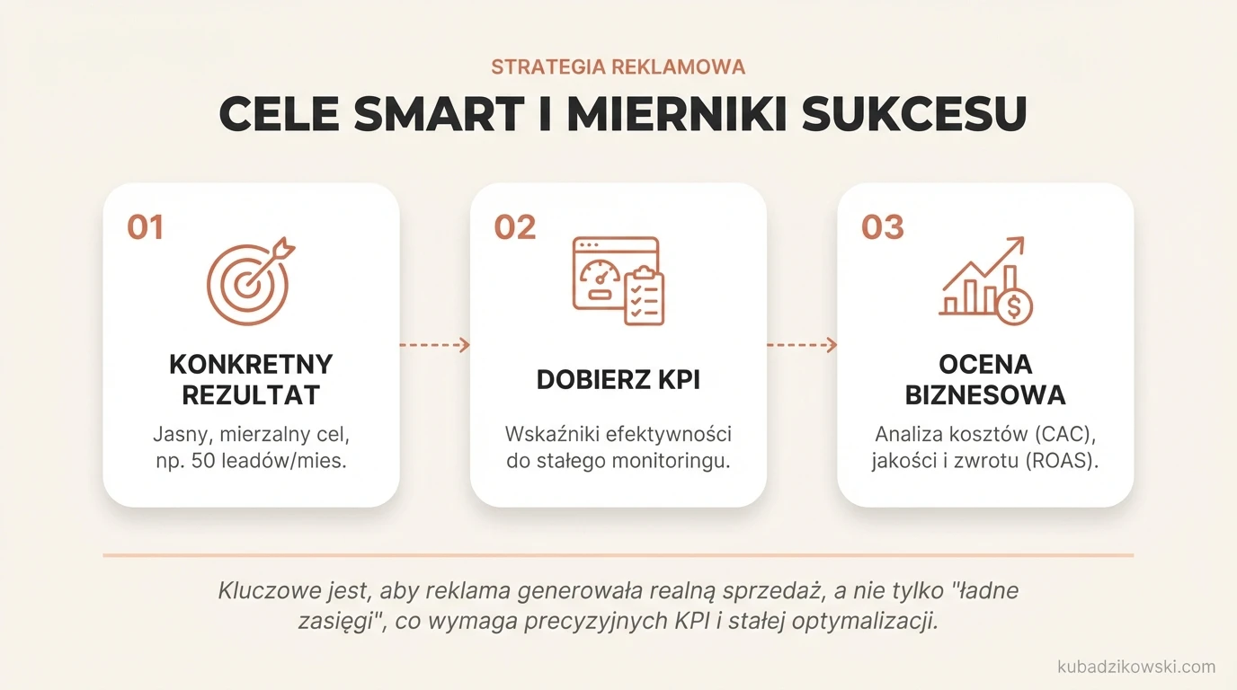 Wizualizacja zasad SMART celów marketingowych: od zasięgów do sprzedaży, z przykładem konkretnego celu na leady.
