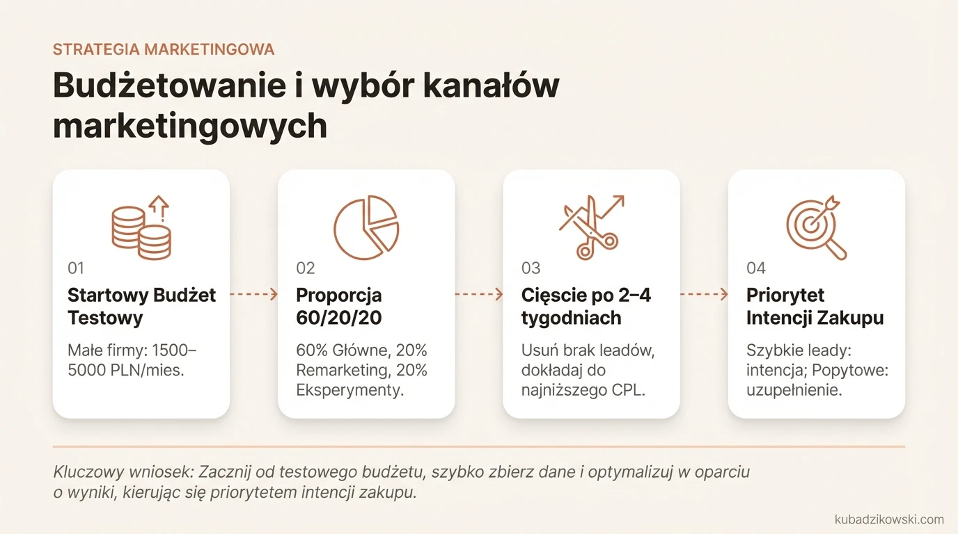 Infografika: Proponowany podział budżetu marketingowego: 60% główny kanał (np. Google Ads), 20% remarketing, 20% eksperymenty.