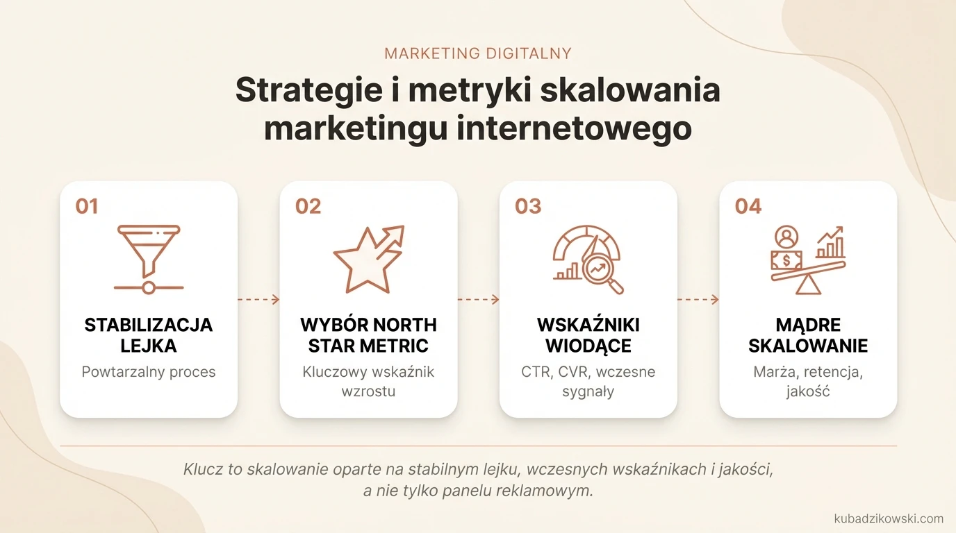 Infografika: Kroki skalowania marketingu: stabilizacja lejka, dodawanie kanałów i budżetu, wybór North Star Metric.