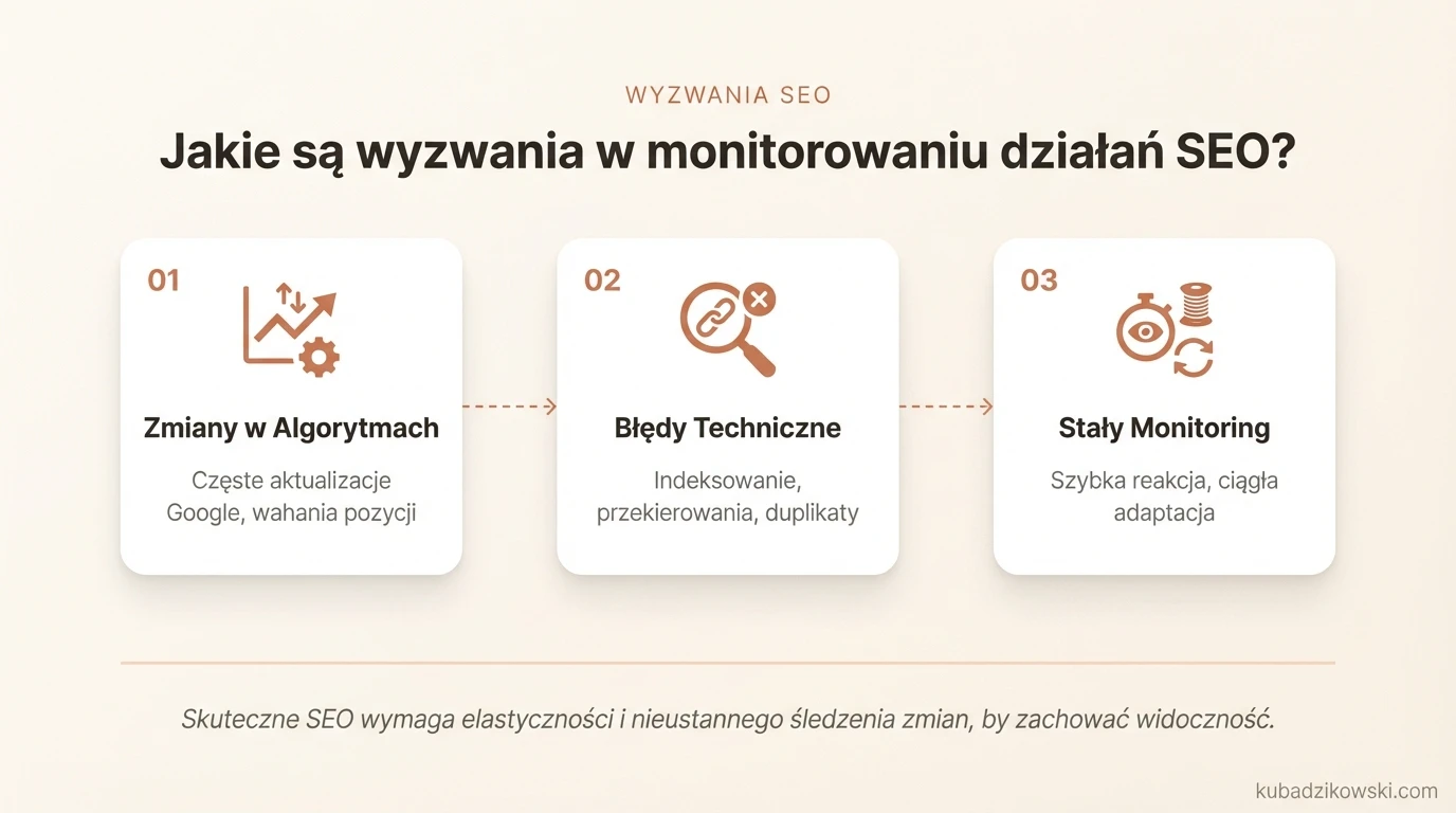 Infografika: wyzwania monitorowania SEO, ze szczególnym uwzględnieniem zmian w algorytmach Google.