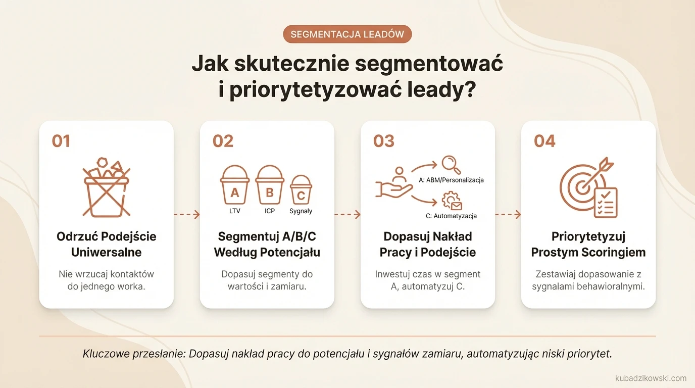 Infografika: Jak segmentować i priorytetyzować leady. Wizualizacja podziału na segmenty A/B/C wg potencjału, LTV i ICP.
