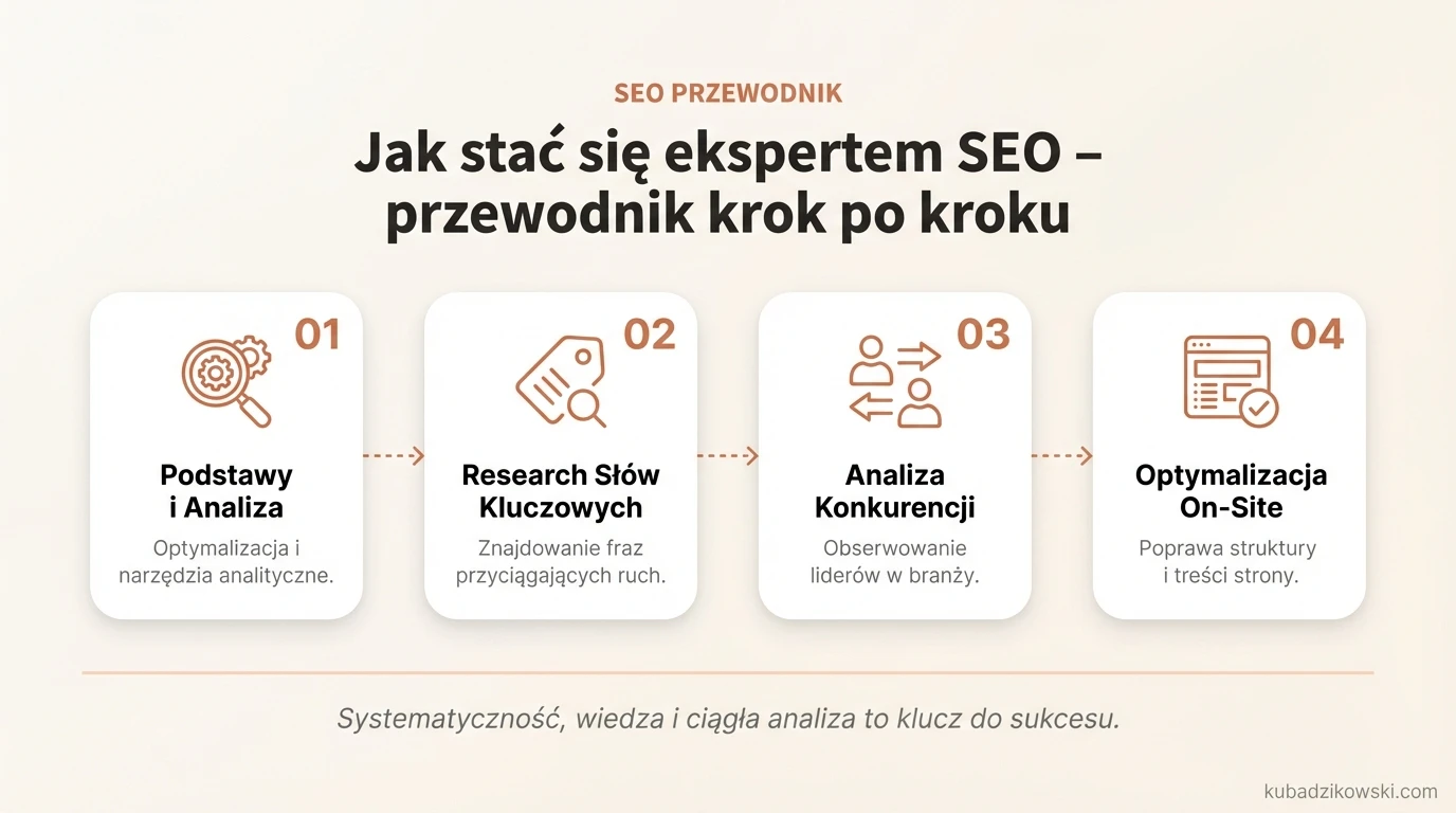 Infografika: przewodnik po etapach drogi do zostania ekspertem SEO, od podstaw technicznych po strategie treści.