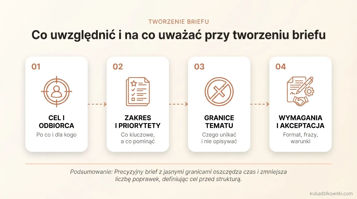 Infografika: Kluczowe elementy briefu (cel, odbiorca, zakres, źródła, wymagania redakcyjne, warunki akceptacji).