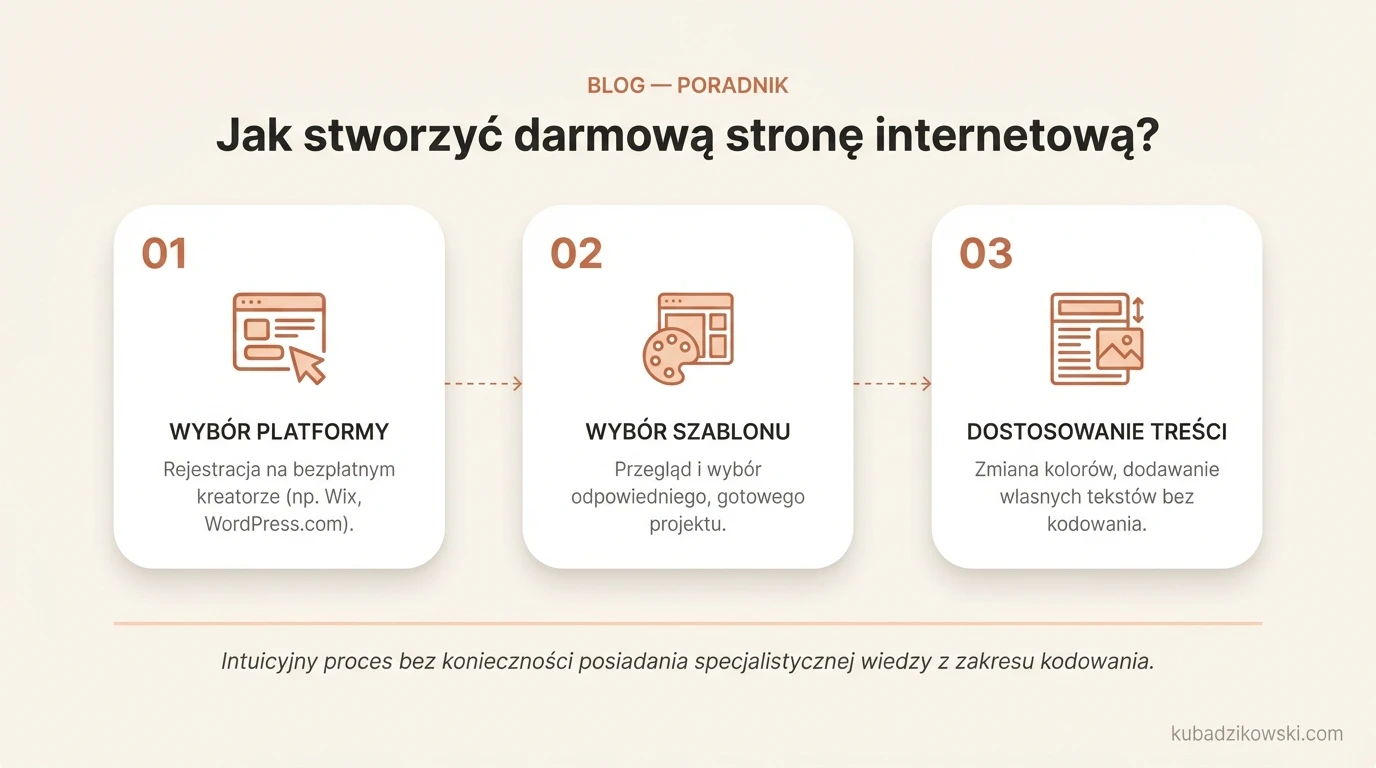 Graficzne przedstawienie kroków tworzenia darmowej strony internetowej przy użyciu platform takich jak Wix, WordPress.com, Weebly.
