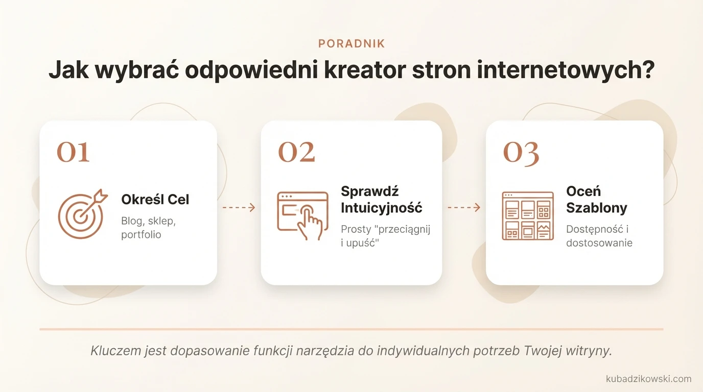 Infografika: przewodnik po wyborze kreatora stron internetowych, przedstawiający kluczowe kryteria i typy stron.