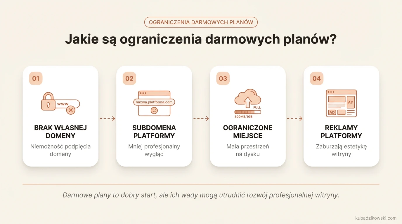 Wizualizacja ograniczeń darmowych planów, m.in. subdomen i braku własnej domeny w kreatorach stron.