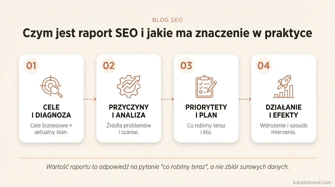 Infografika: definicja raportu SEO jako narzędzia do analizy widoczności, ruchu organicznego i rekomendacji działań.