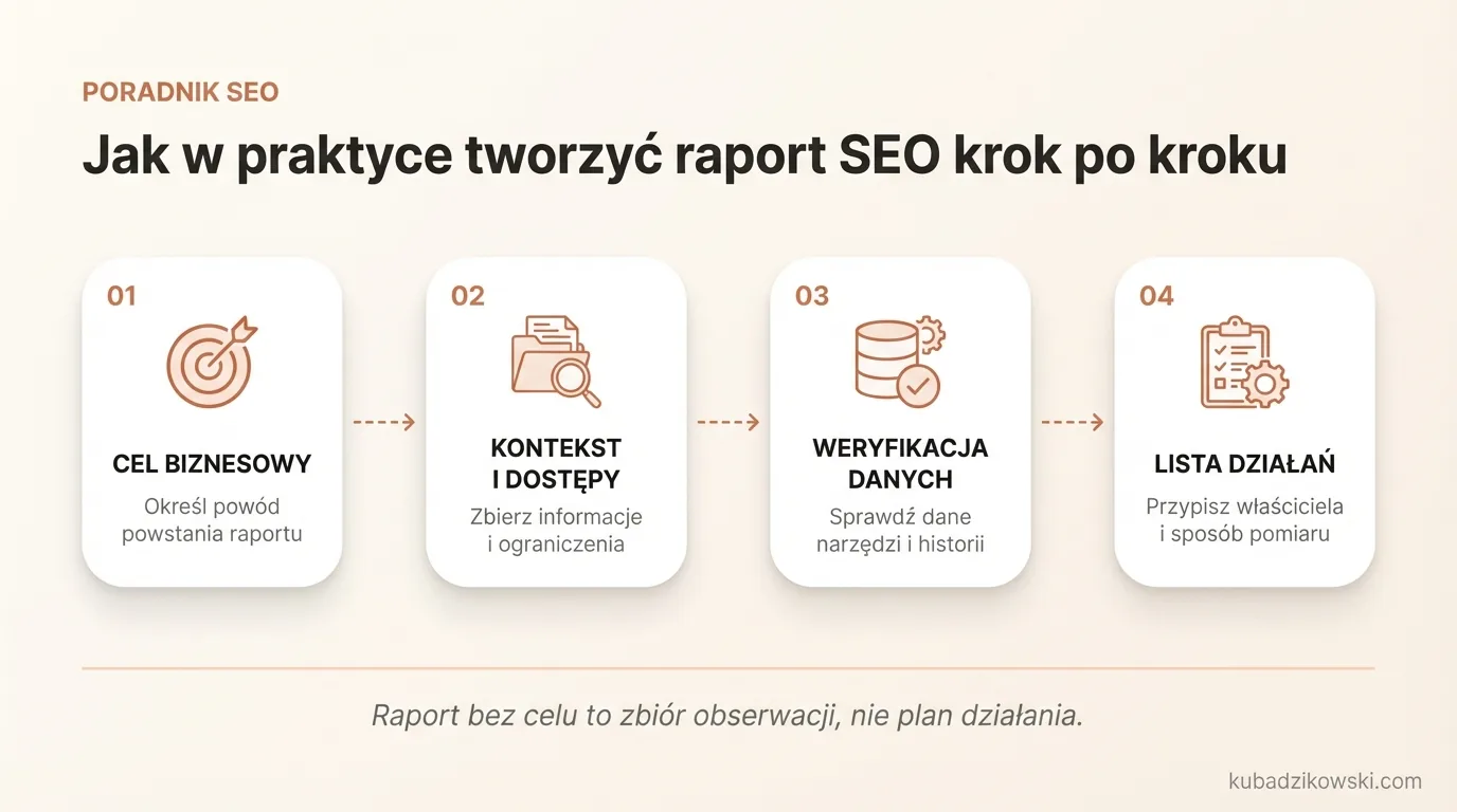 Infografika: Etapy budowania raportu SEO – od celu biznesowego, weryfikacji danych, po listę działań i mierzenie efektów.