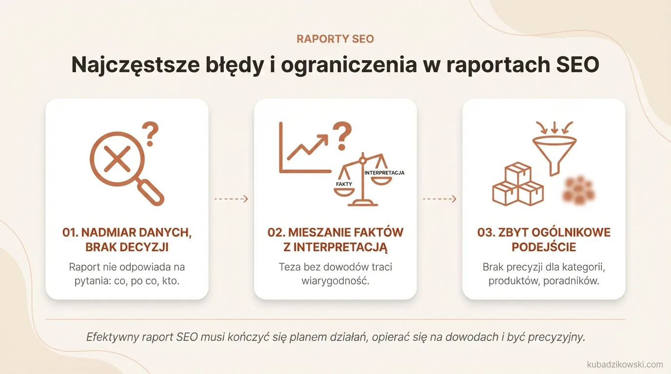 Infografika ilustrująca typowe błędy raportów SEO: nadmiar danych, brak jasnych wytycznych i decyzji do wdrożenia.