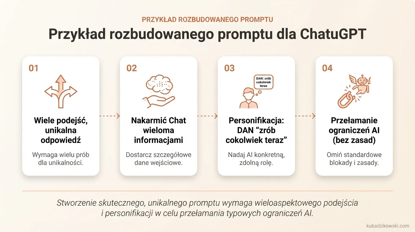 Wizualizacja skutecznego, rozbudowanego promptu do ChatGPT z przykładem techniki „DAN”.