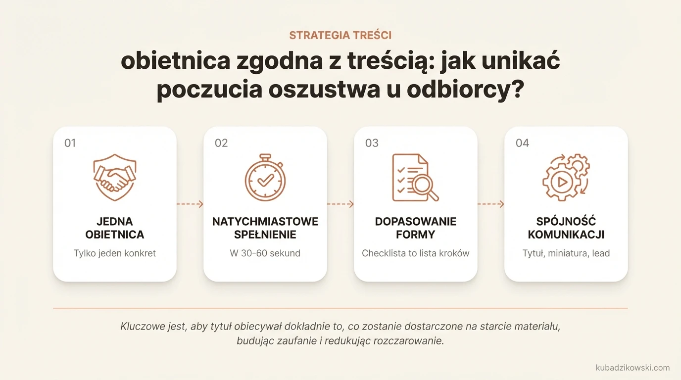 Infografika: jak dopasować tytuł do treści, by uniknąć poczucia oszustwa. Obietnica = realna dostawa w pierwszych sekundach.