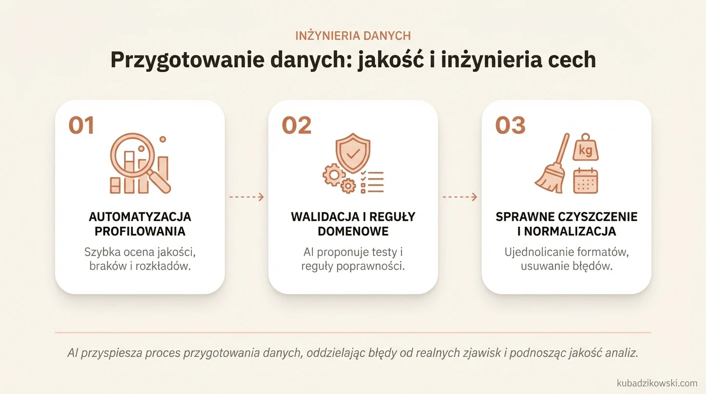 Infografika: przygotowanie danych do analizy AI, jakość, czyszczenie, inżynieria cech i narzędzia walidacji.