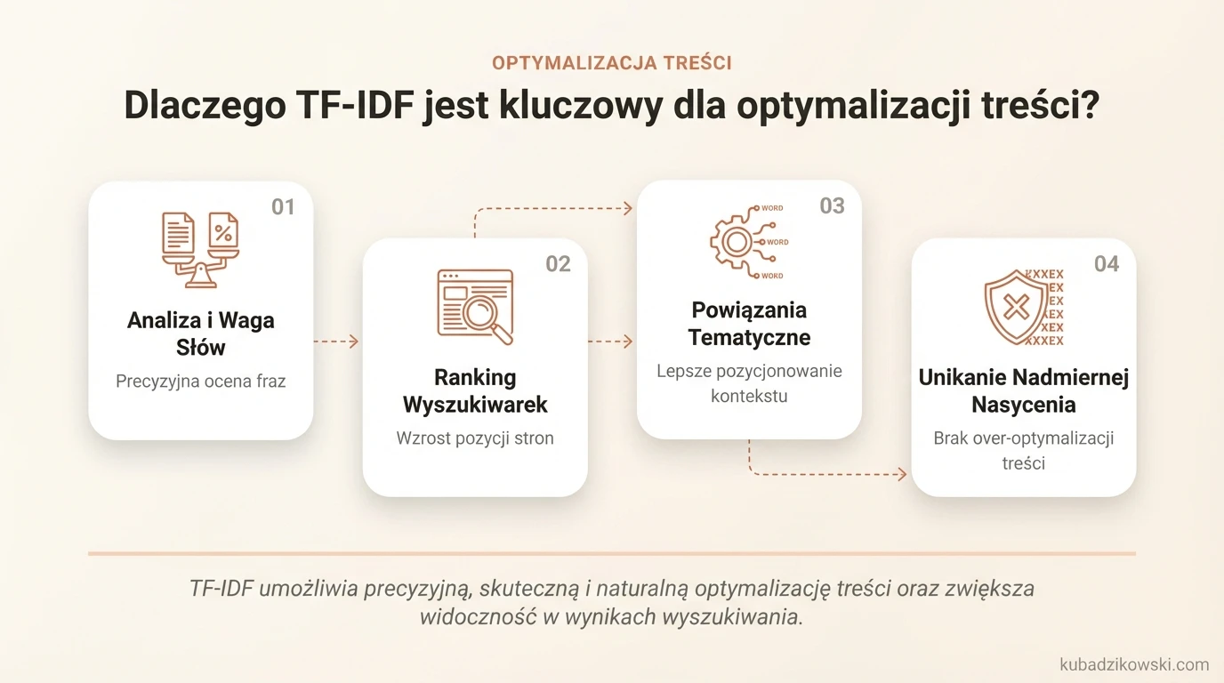 Infografika wyjaśniająca znaczenie TF-IDF w optymalizacji treści i określaniu wagi słów kluczowych.