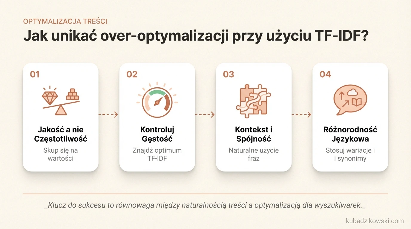 Infografika: Unikanie over-optymalizacji TF-IDF. Naturalność treści kontra przesycenie słowami kluczowymi.