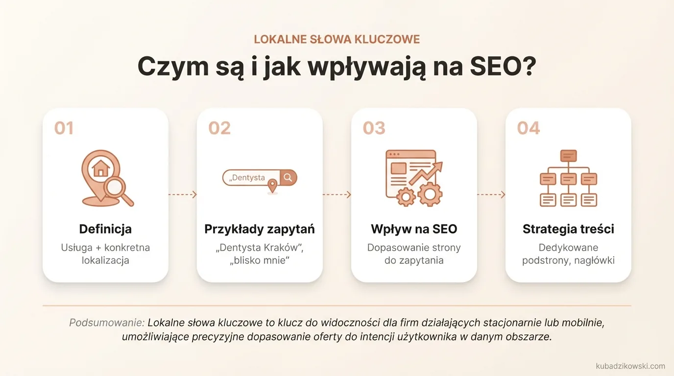 Infografika wyjaśniająca lokalne słowa kluczowe: definicja, przykłady (np. dentysta Kraków) i znaczenie dla SEO.