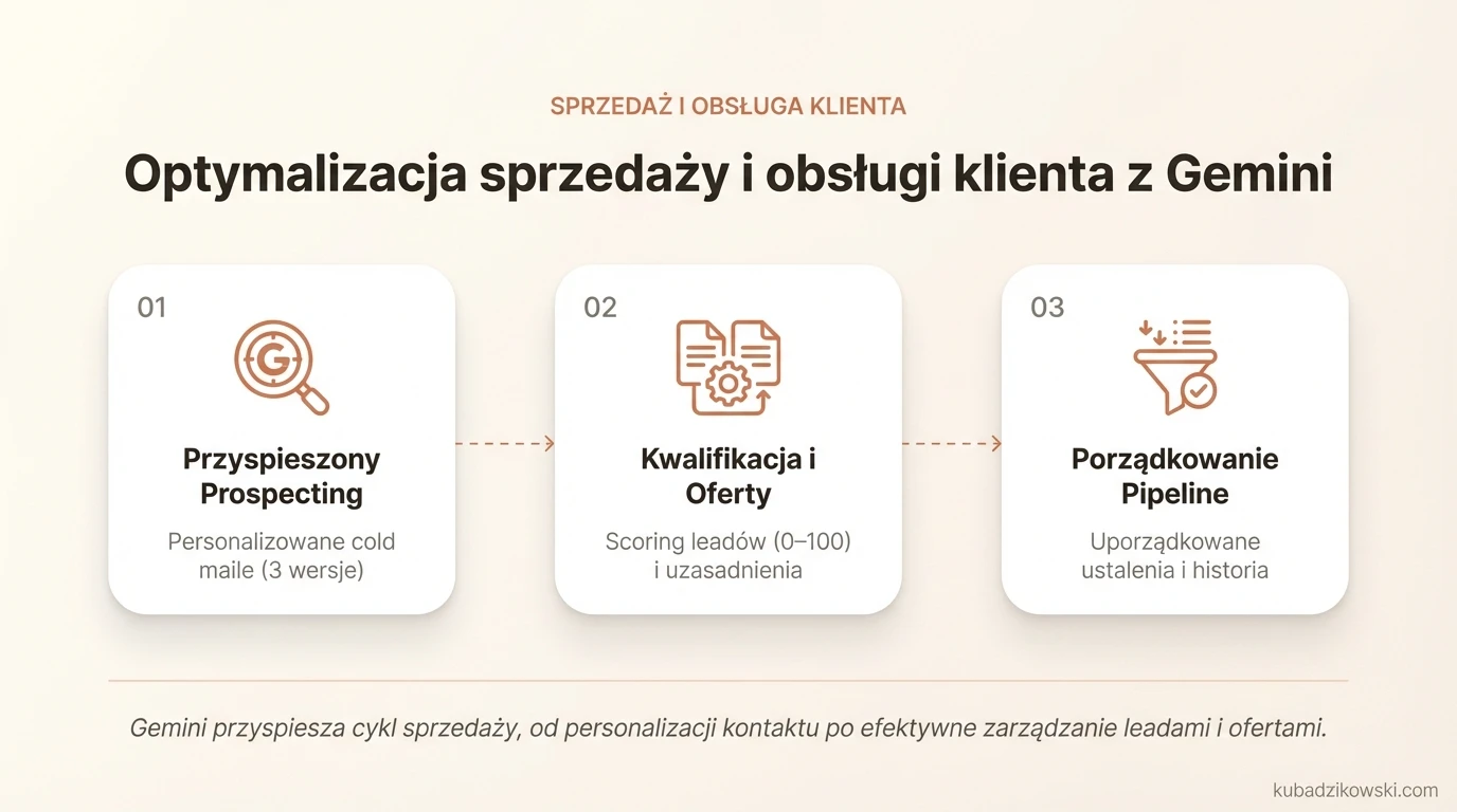 Infografika przedstawia jak Gemini optymalizuje sprzedaż i obsługę klienta: personalizacja cold maili, szybkie oferty, porządkowanie ustaleń.