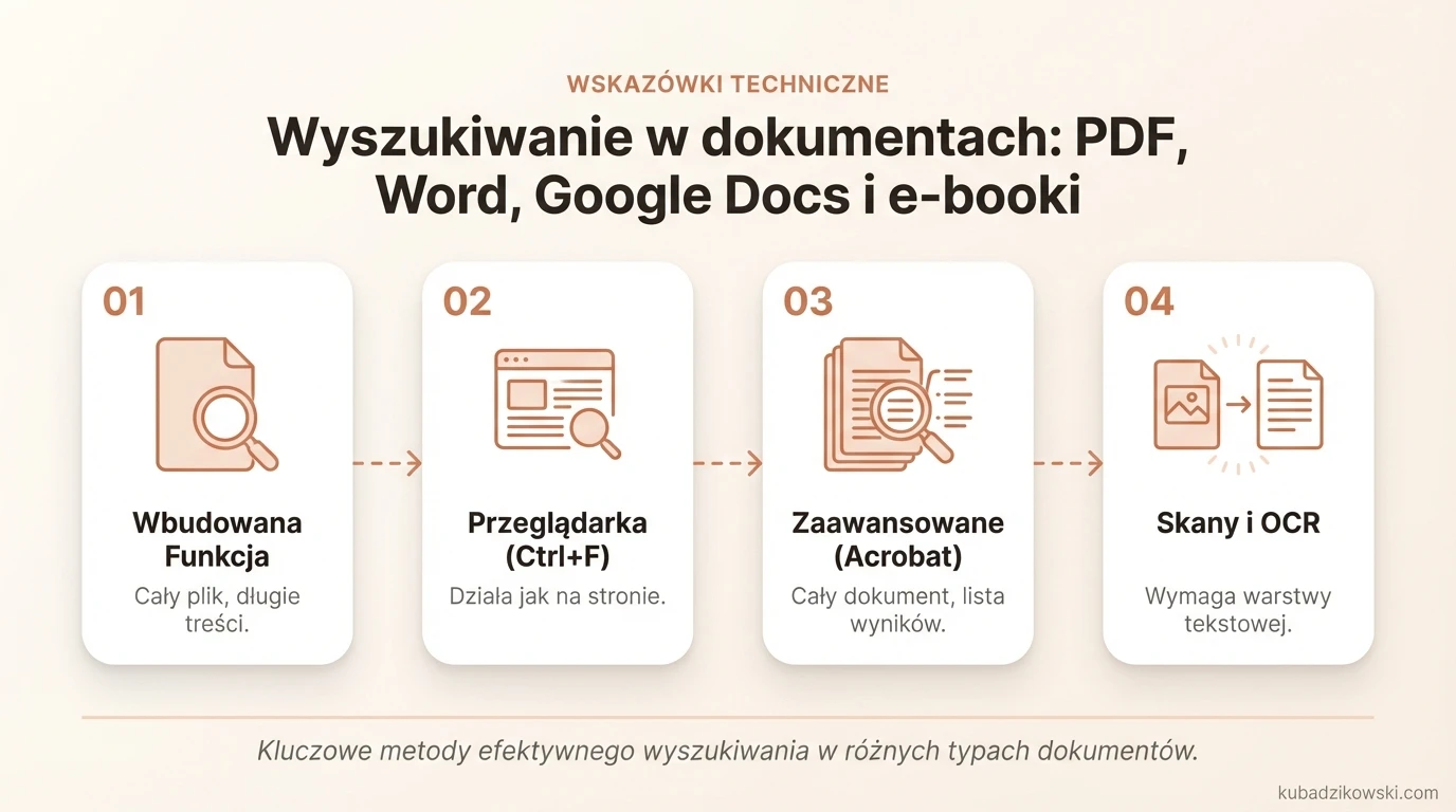 Infografika: Wyszukiwanie w dokumentach: PDF, Word, Google Docs i e-booki