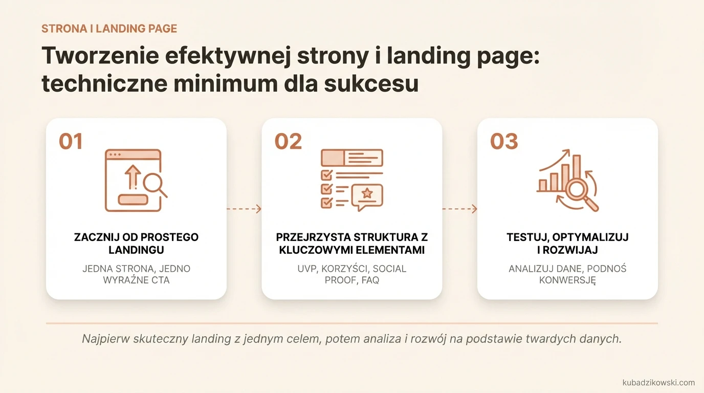 Infografika o tworzeniu efektywnej landing page. Zacznij od prostej strony z ofertą i formularzem, klucz to wyraźne CTA.