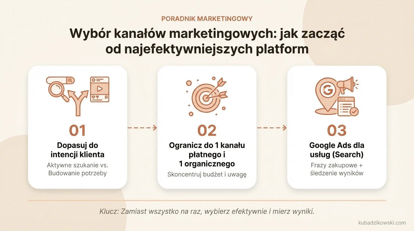 Infografika o wyborze kanałów marketingowych: Google Ads/SEO gdy klient szuka, Meta Ads/TikTok gdy budujesz potrzebę.