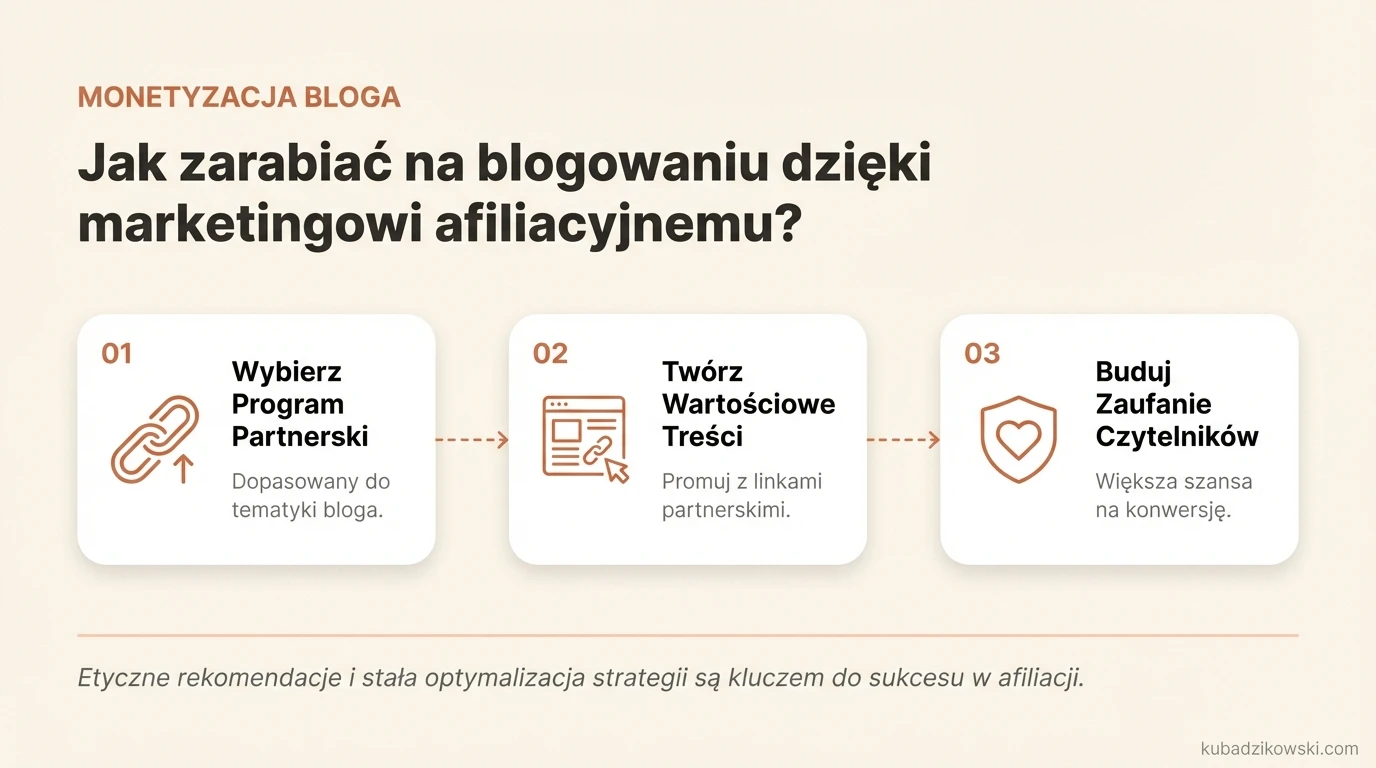 Infografika o tym, jak zarabiać na blogu dzięki marketingowi afiliacyjnemu i linkom partnerskim.