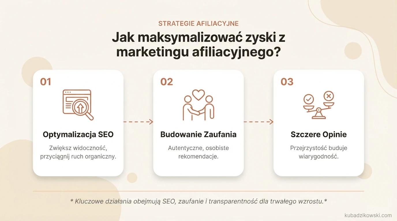 Infografika: strategie maksymalizacji zysków z marketingu afiliacyjnego, w tym optymalizacja SEO treści.