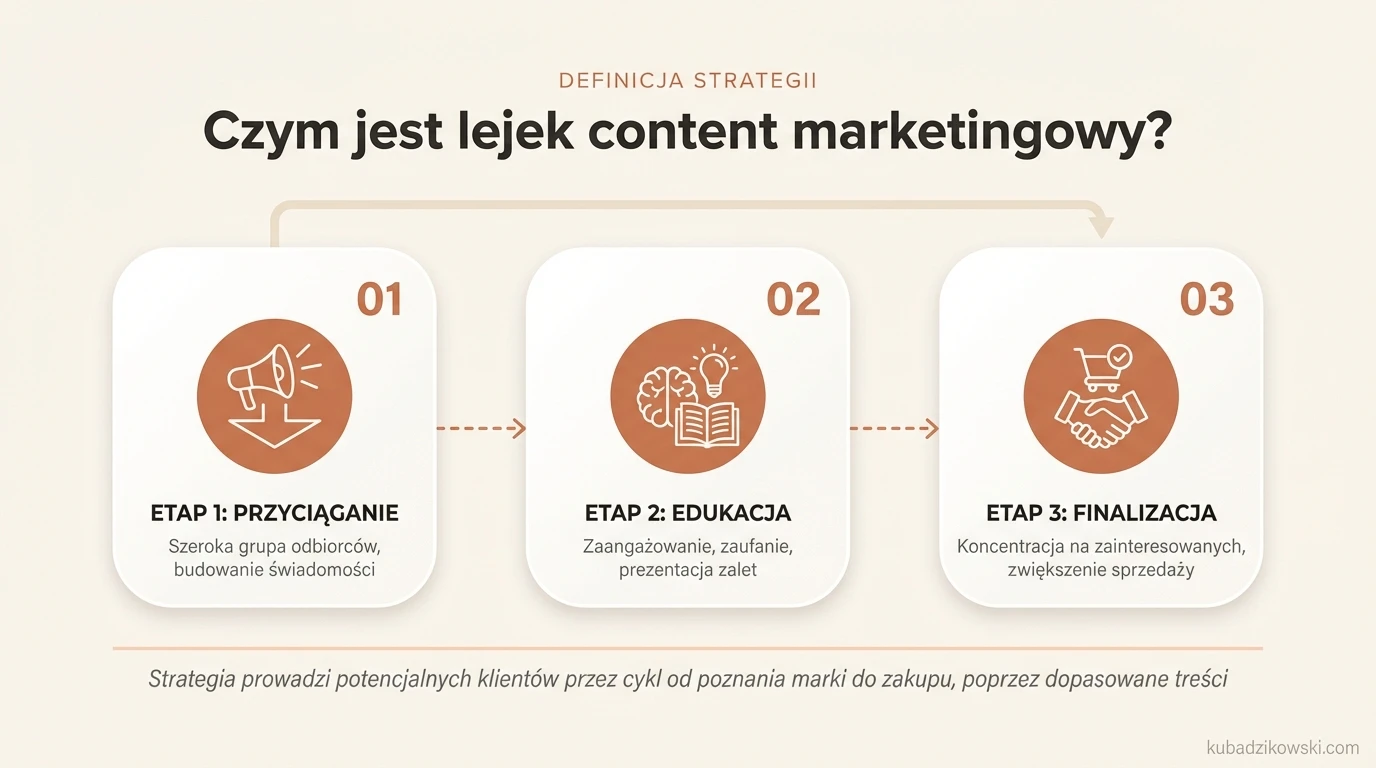 Wizualizacja lejka content marketingowego: od zainteresowania marką do zakupu, w tym etapy i zawężanie odbiorców.